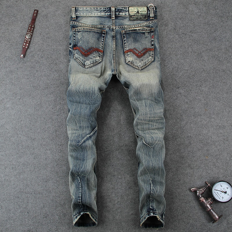 Fashion Designer Men's Jeans Knee Hole Frayed Ripped Jeans For Men Beggar Pants Brand Buttons Pants Slim Fit Biker Jeans Men