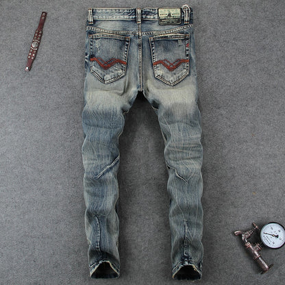 Fashion Designer Men's Jeans Knee Hole Frayed Ripped Jeans For Men Beggar Pants Brand Buttons Pants Slim Fit Biker Jeans Men