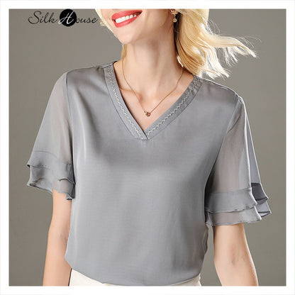 Fashion French T-shirt Selection Silk High-Grade Fabric Women's Heavy Top Commuter Shirt