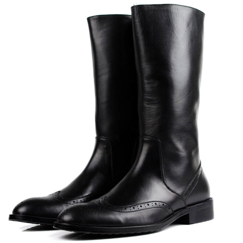 Fashion Genuine Leather Riding Boots Men Formal knee Zip Brogue Dress Boots Elegant Wedding Chelsea Martin Boots Men G103