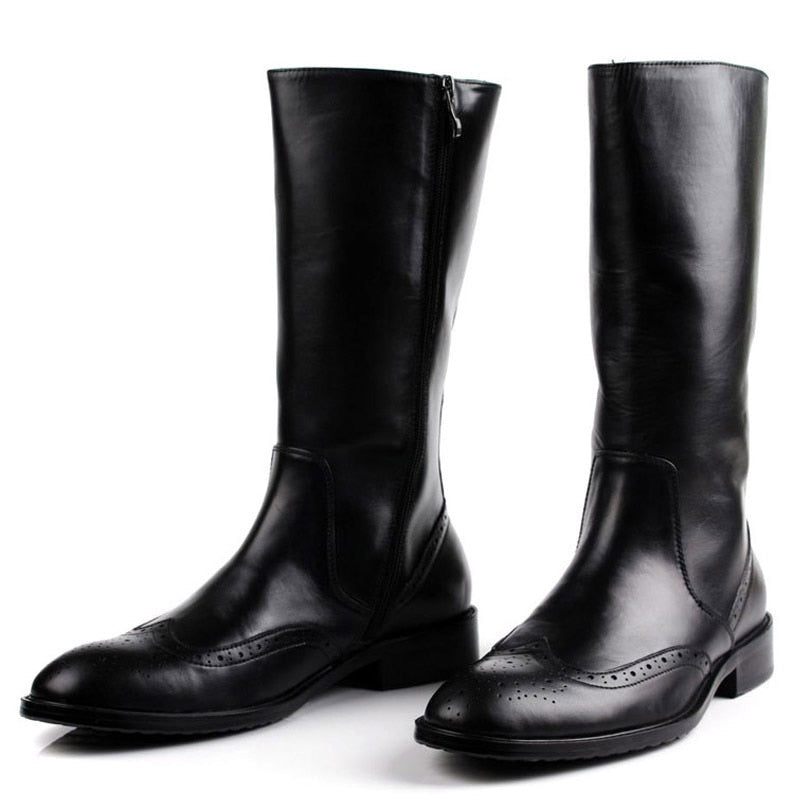 Fashion Genuine Leather Riding Boots Men Formal knee Zip Brogue Dress Boots Elegant Wedding Chelsea Martin Boots Men G103