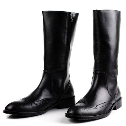 Fashion Genuine Leather Riding Boots Men Formal knee Zip Brogue Dress Boots Elegant Wedding Chelsea Martin Boots Men G103