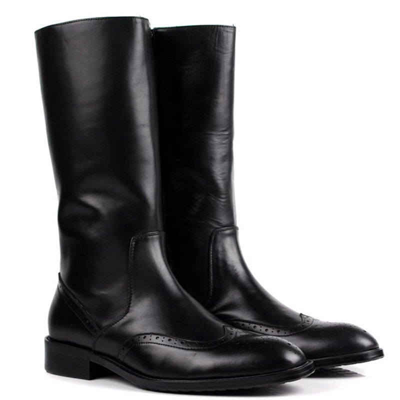 Fashion Genuine Leather Riding Boots Men Formal knee Zip Brogue Dress Boots Elegant Wedding Chelsea Martin Boots Men G103