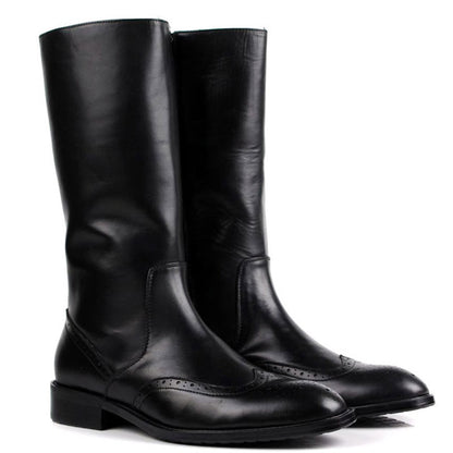 Fashion Genuine Leather Riding Boots Men Formal knee Zip Brogue Dress Boots Elegant Wedding Chelsea Martin Boots Men G103