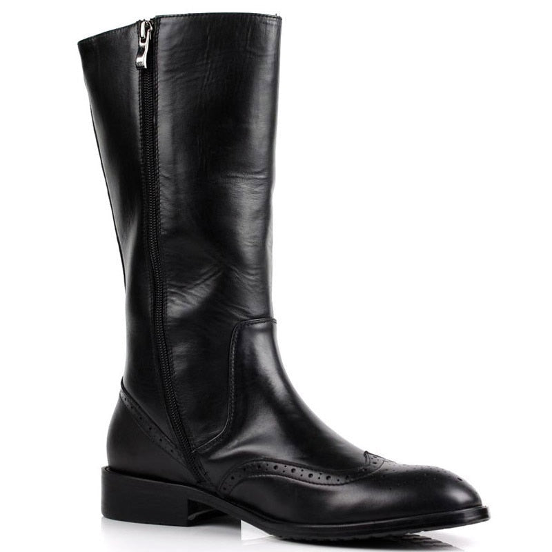 Fashion Genuine Leather Riding Boots Men Formal knee Zip Brogue Dress Boots Elegant Wedding Chelsea Martin Boots Men G103