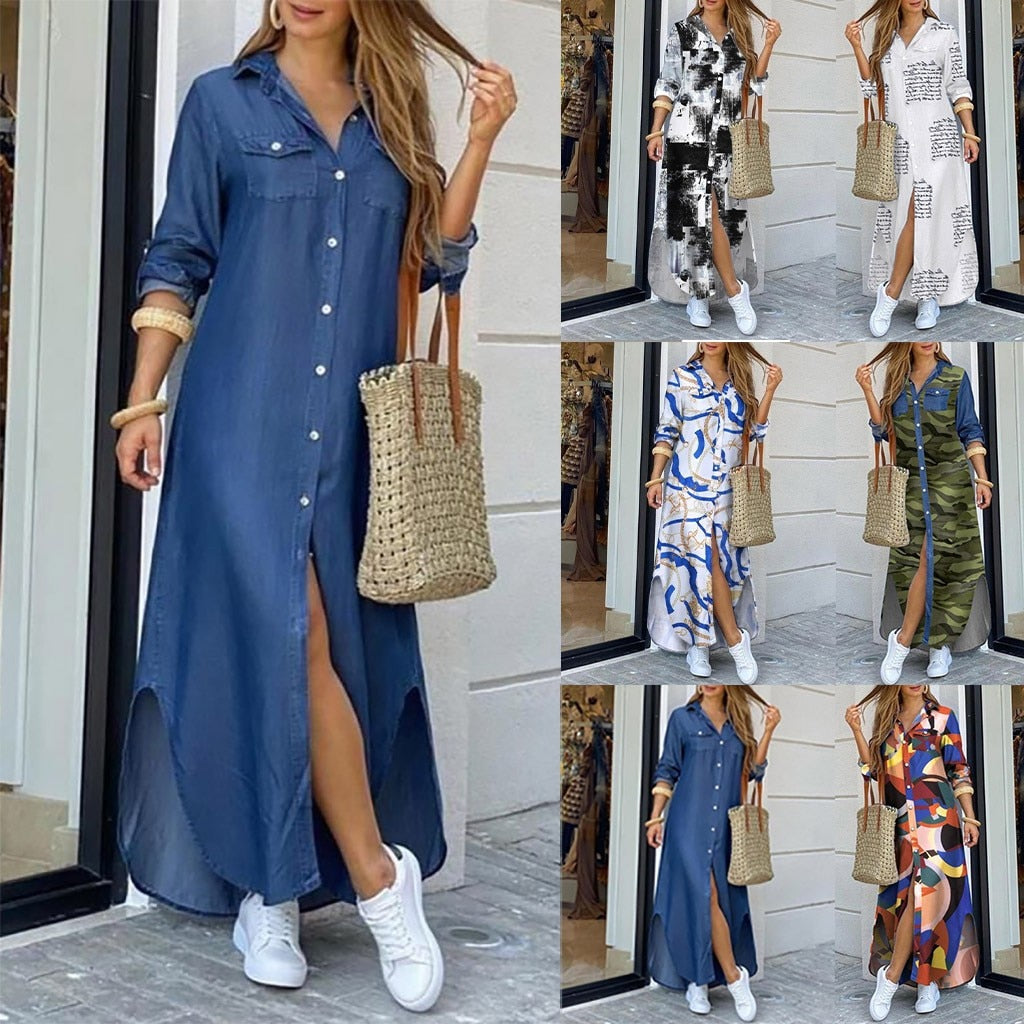 Korean Style Denim Floram Dress Women Summer Dress 2021 Lapel Split Sexy Long Maxi Jeans Dress Vestidos De Mujer