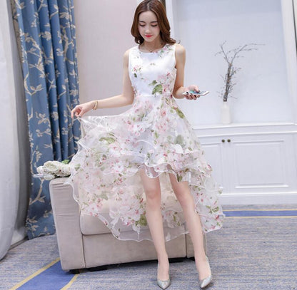 Women's High Low Sleeveless Dress Elegant Slim Front Short Back Long Puffy Party Dress White Women Tulle Dress