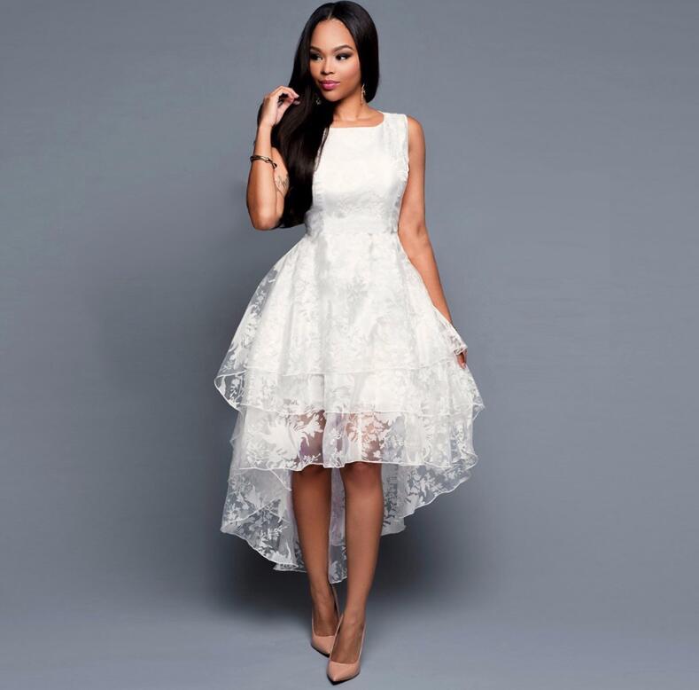 Women's High Low Sleeveless Dress Elegant Slim Front Short Back Long Puffy Party Dress White Women Tulle Dress