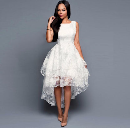 Women's High Low Sleeveless Dress Elegant Slim Front Short Back Long Puffy Party Dress White Women Tulle Dress