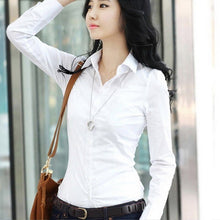 將圖片載入圖庫檢視器 Women&#39;s Formal Blouse Office Long Sleeve Slim Collar Blouse Casual Solid White or Black Shirt Tops NS
