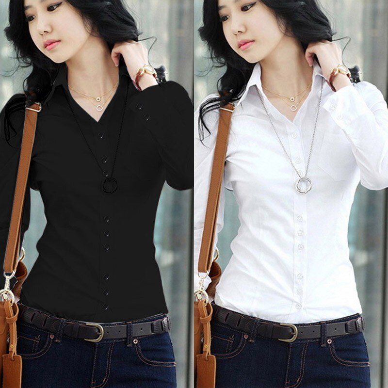 Women's Formal Blouse Office Long Sleeve Slim Collar Blouse Casual Solid White or Black Shirt Tops NS
