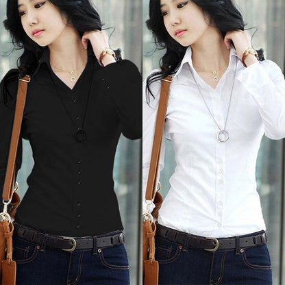 Women's Formal Blouse Office Long Sleeve Slim Collar Blouse Casual Solid White or Black Shirt Tops NS