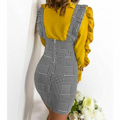 Fashion Women Check Dog Tooth Frill Ruffle Pinafore High Waist Bodycon Party Mini Dress New Summer Beach Dress Casual Sundress