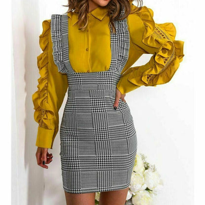 Fashion Women Check Dog Tooth Frill Ruffle Pinafore High Waist Bodycon Party Mini Dress New Summer Beach Dress Casual Sundress