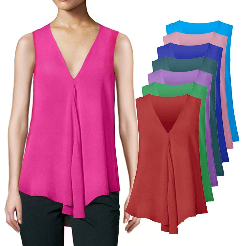 Women's Chiffon Blouses Ladies Tops Sleeveless V Neck Shirt Blusas Femininas Plus Size S-6XL Female Solid Color Clothing
