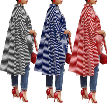 Women's Loose Long Sleeve Striped Shirt Casual Blouse Shirt Lantern Sleeve Light Coat Girl O-Neck Batwing Sleeve Dress