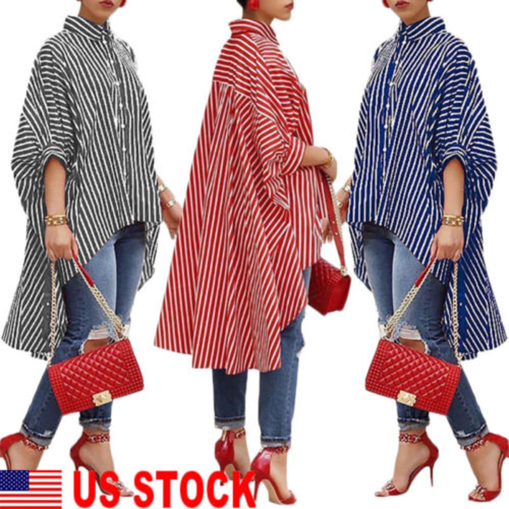 Women's Loose Long Sleeve Striped Shirt Casual Blouse Shirt Lantern Sleeve Light Coat Girl O-Neck Batwing Sleeve Dress