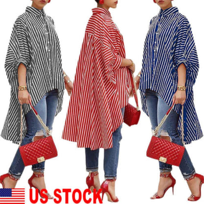 Women's Loose Long Sleeve Striped Shirt Casual Blouse Shirt Lantern Sleeve Light Coat Girl O-Neck Batwing Sleeve Dress