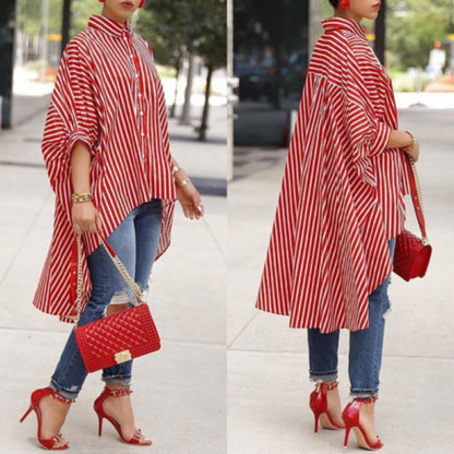 Women's Loose Long Sleeve Striped Shirt Casual Blouse Shirt Lantern Sleeve Light Coat Girl O-Neck Batwing Sleeve Dress