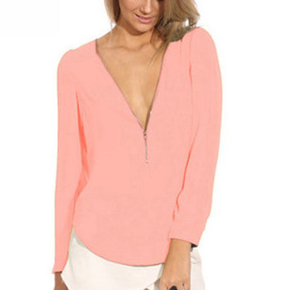 Fashion Women Spring Autumn Zipper Chiffon Blouse V Neck Long Sleeve Tops Ladies Casual Solid Shirts Plus Size S 2XL