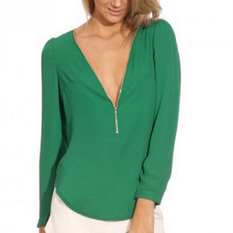 Fashion Women Spring Autumn Zipper Chiffon Blouse V Neck Long Sleeve Tops Ladies Casual Solid Shirts Plus Size S 2XL