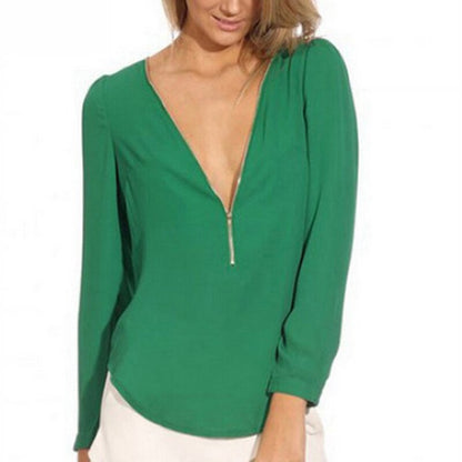 Fashion Women Spring Autumn Zipper Chiffon Blouse V Neck Long Sleeve Tops Ladies Casual Solid Shirts Plus Size S 2XL
