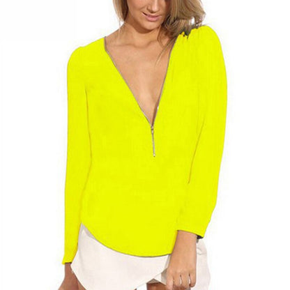 Fashion Women Spring Autumn Zipper Chiffon Blouse V Neck Long Sleeve Tops Ladies Casual Solid Shirts Plus Size S 2XL