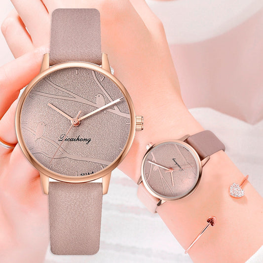 Women's Sweet Watches Fashion Dress Ladies Watch Elegant Bird Leather Strap Quartz Wristwatch Clock Women Exquisite Watch