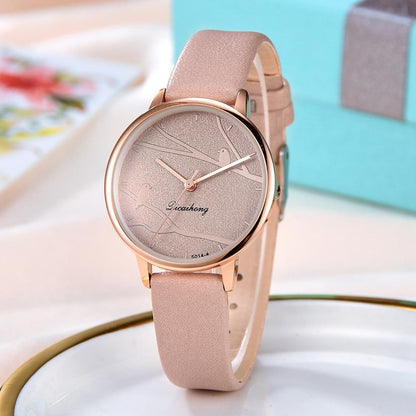 Women's Sweet Watches Fashion Dress Ladies Watch Elegant Bird Leather Strap Quartz Wristwatch Clock Women Exquisite Watch