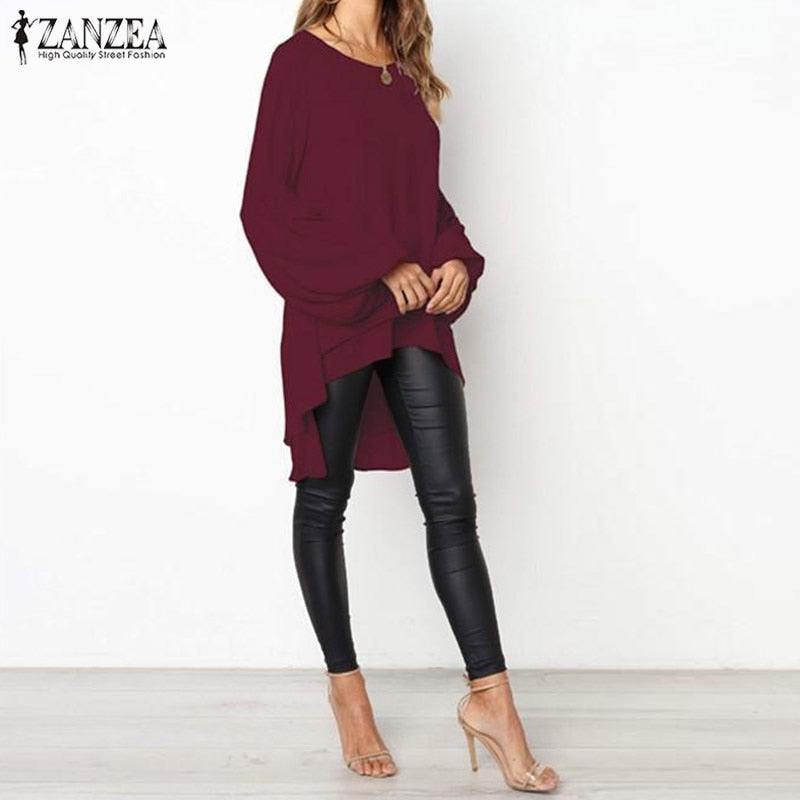 Women's Asymmetrical Blouse 2020 ZANZEA Elegant Puff Sleeve Tops Layered Blusas Female Solid Blusas Plus Size Tunic Tops