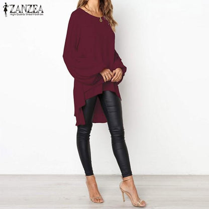 Women's Asymmetrical Blouse 2020 ZANZEA Elegant Puff Sleeve Tops Layered Blusas Female Solid Blusas Plus Size Tunic Tops