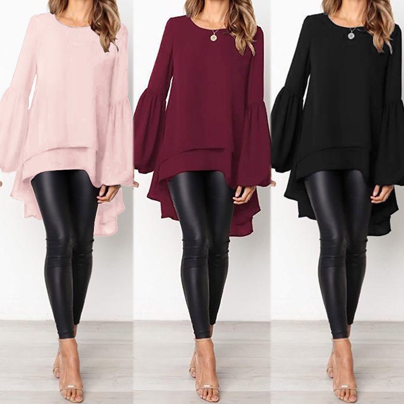 Women's Asymmetrical Blouse 2020 ZANZEA Elegant Puff Sleeve Tops Layered Blusas Female Solid Blusas Plus Size Tunic Tops