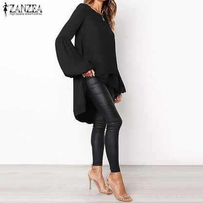 Women's Asymmetrical Blouse 2020 ZANZEA Elegant Puff Sleeve Tops Layered Blusas Female Solid Blusas Plus Size Tunic Tops