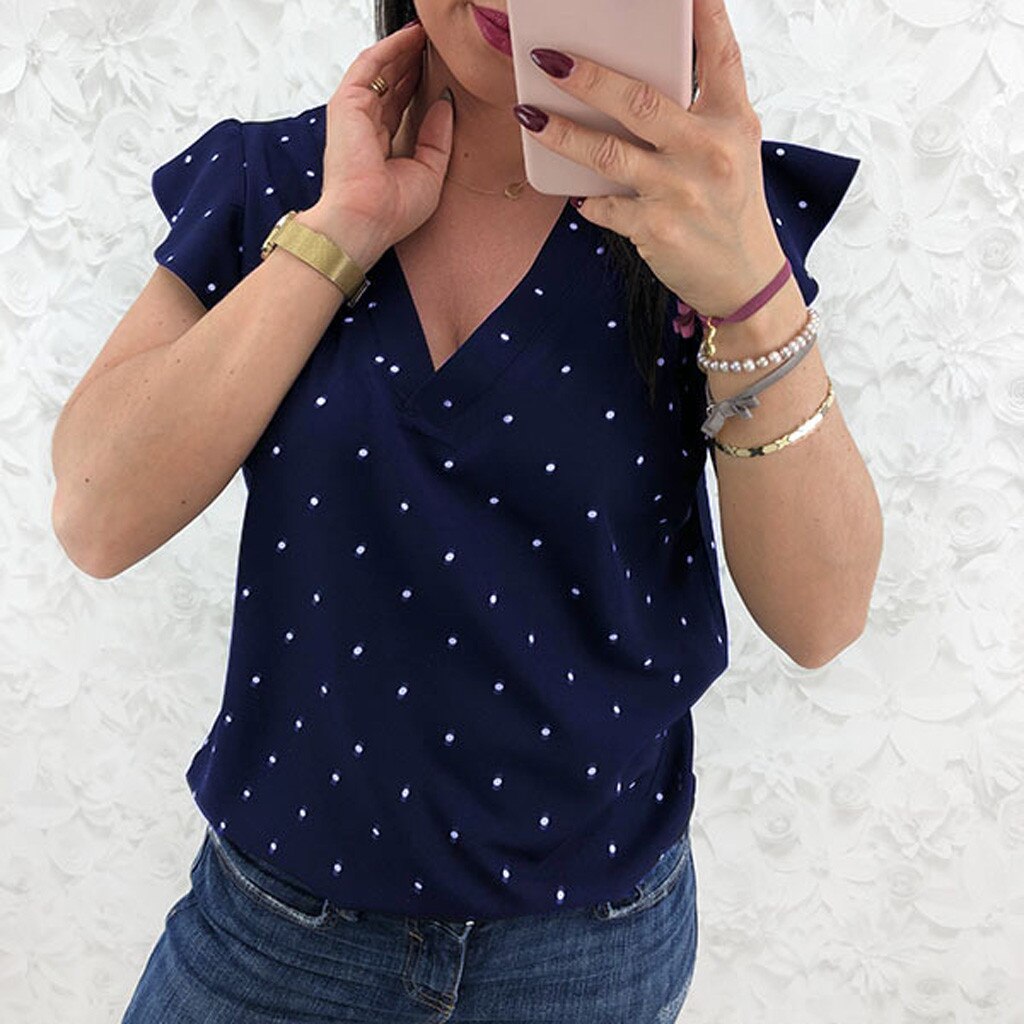 Women's Blouse Polka Dot Printed V Neck Ruffles Sleeve Summer Shirt Tops Blouse Women blusas mujer de moda 2019