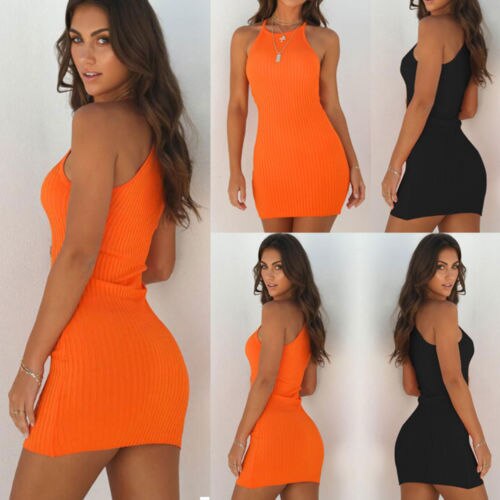 Fashion Women's Sexy Summer Sleeveless Sleeveless Halter Slim Mini Short Knitted Sundress Girl Summer Dress Solid Halter Dress