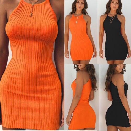 Fashion Women's Sexy Summer Sleeveless Sleeveless Halter Slim Mini Short Knitted Sundress Girl Summer Dress Solid Halter Dress