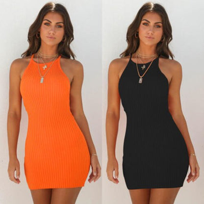Fashion Women's Sexy Summer Sleeveless Sleeveless Halter Slim Mini Short Knitted Sundress Girl Summer Dress Solid Halter Dress