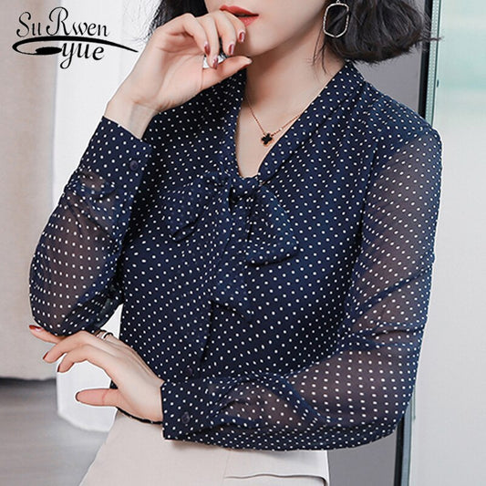 Fashion women blouse Bow collar office blouse women tops dot print chiffon blouse shirt long sleeve women shirt blusas 1864 50