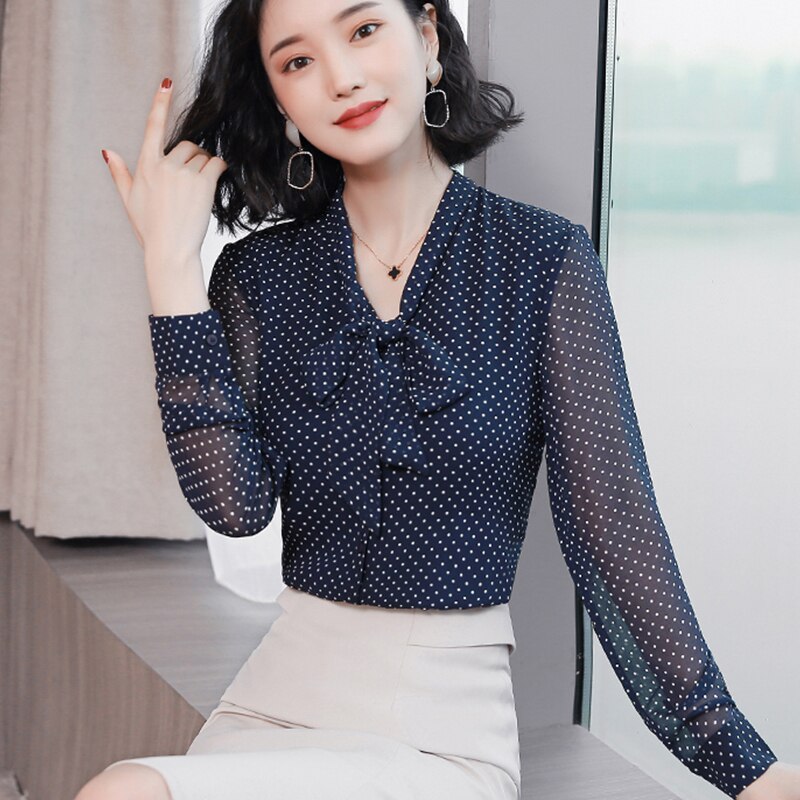 Fashion women blouse Bow collar office blouse women tops dot print chiffon blouse shirt long sleeve women shirt blusas 1864 50