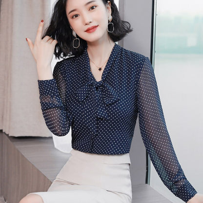 Fashion women blouse Bow collar office blouse women tops dot print chiffon blouse shirt long sleeve women shirt blusas 1864 50