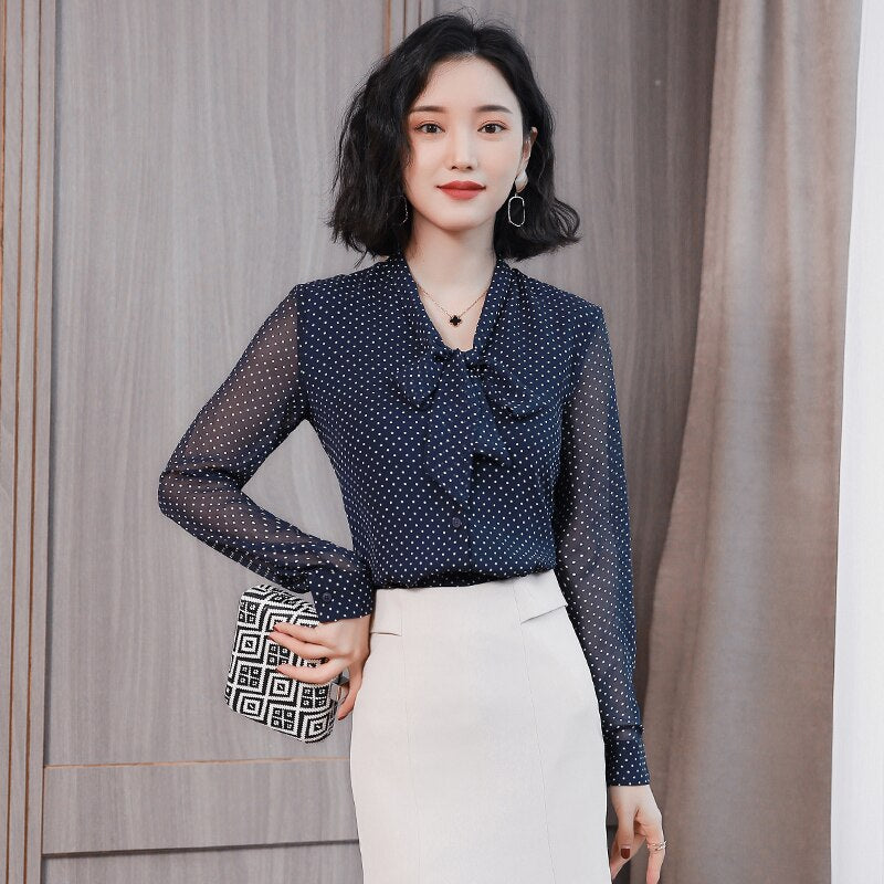 Fashion women blouse Bow collar office blouse women tops dot print chiffon blouse shirt long sleeve women shirt blusas 1864 50