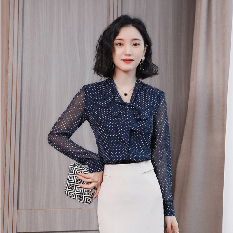Fashion women blouse Bow collar office blouse women tops dot print chiffon blouse shirt long sleeve women shirt blusas 1864 50