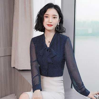 Fashion women blouse Bow collar office blouse women tops dot print chiffon blouse shirt long sleeve women shirt blusas 1864 50