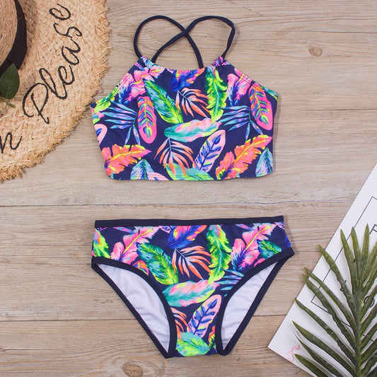 Feather Print Kids Girls Bikini Set 2021 New Bandage Children Swimsuit Summer Baby Two Piece Swimwear Biquini Infantil A298