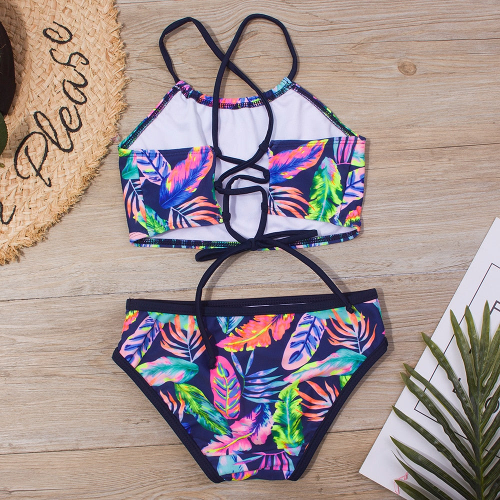 Feather Print Kids Girls Bikini Set 2021 New Bandage Children Swimsuit Summer Baby Two Piece Swimwear Biquini Infantil A298