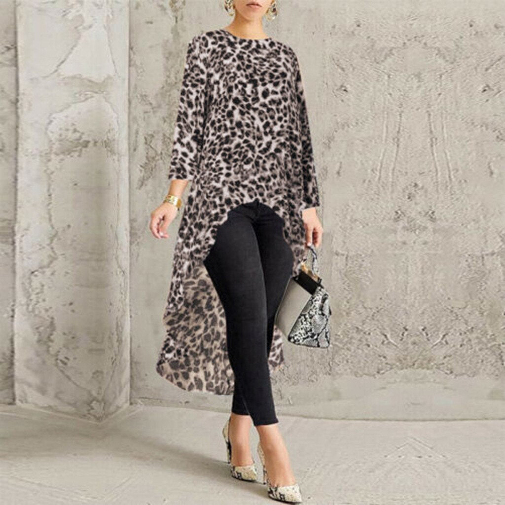 Feitong Women's Leopard Print Long Sleeve Blouse Clothes Plus Size Shirt Tops High Low Plus Blouse blusas mujer de moda 2019