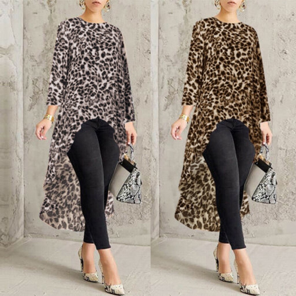 Feitong Women's Leopard Print Long Sleeve Blouse Clothes Plus Size Shirt Tops High Low Plus Blouse blusas mujer de moda 2019