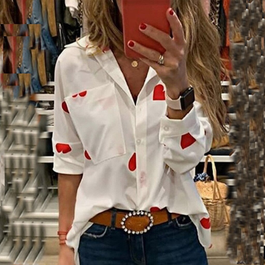 Feitong Blouse Women's Shirt Fashion Long Sleeve Slim Heart Printed Turn down Collar Pocket Blouses blusas mujer de moda 2019