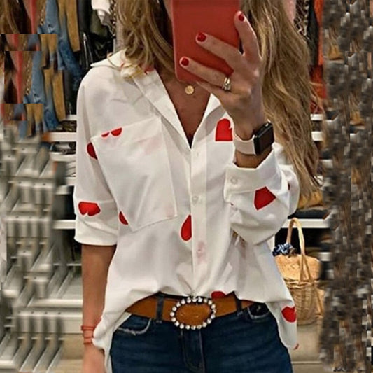 Feitong Blouse Women's Shirt Fashion Long Sleeve Slim Heart Printed Turn down Collar Pocket Blouses blusas mujer de moda 2019