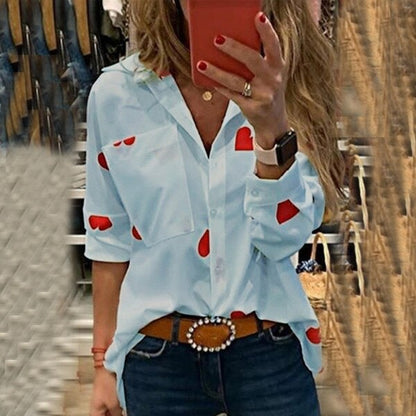 Feitong Blouse Women's Shirt Fashion Long Sleeve Slim Heart Printed Turn down Collar Pocket Blouses blusas mujer de moda 2019